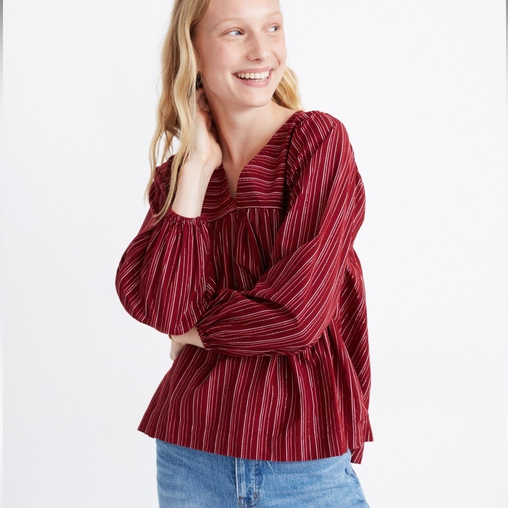 Madewell Swingy Peasant Top in Metallic‎ Stripe Red
